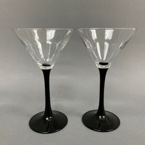 Glasses France Martini Clear Black Stem 6 1/2 Glass Lot of 2